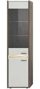 Moderne Vitrine mit Holzoptik und Glastüren, frontal abgebildet.