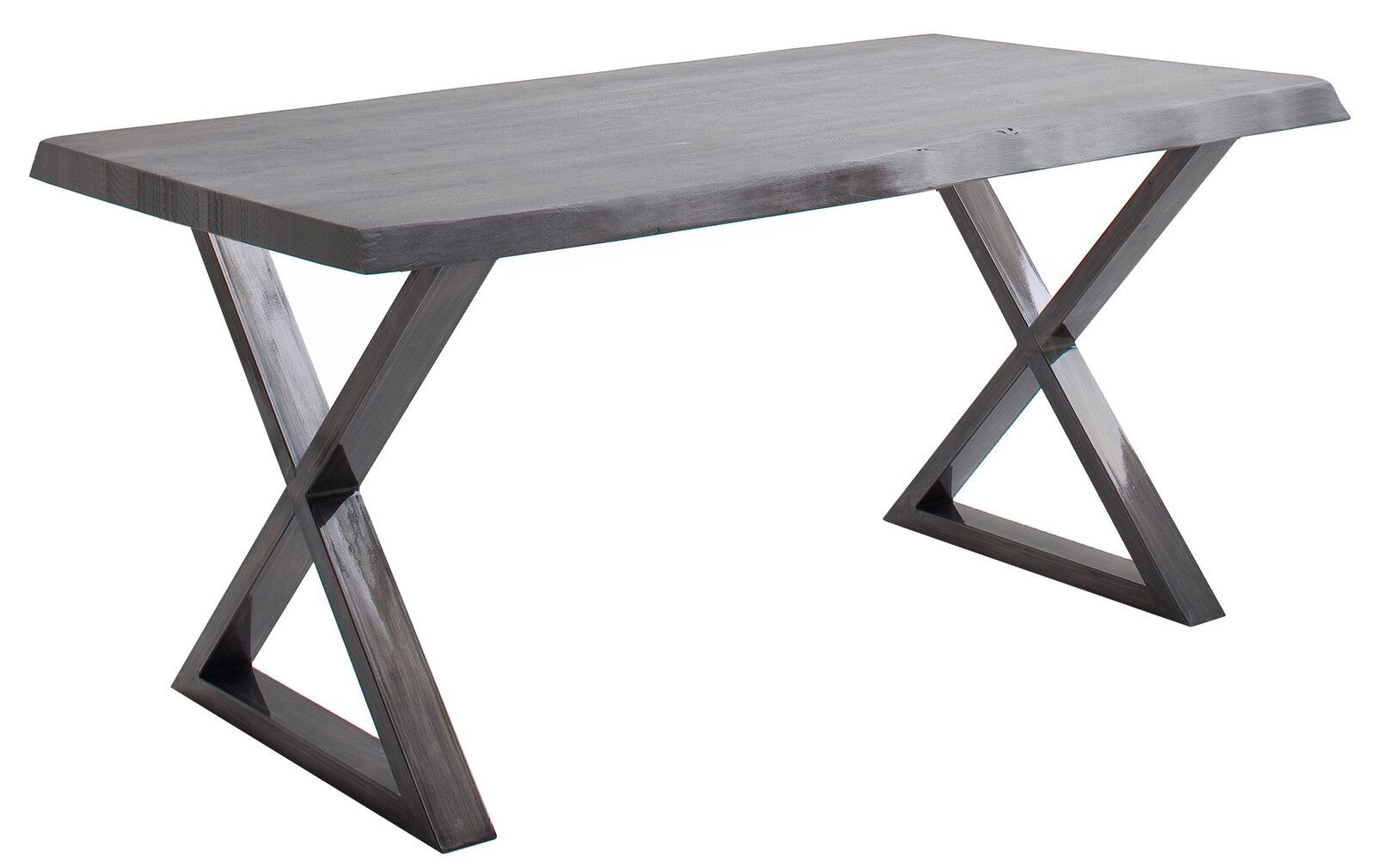 Moderner Esstisch mit X-förmigen Metallbeinen, seitliche Perspektive