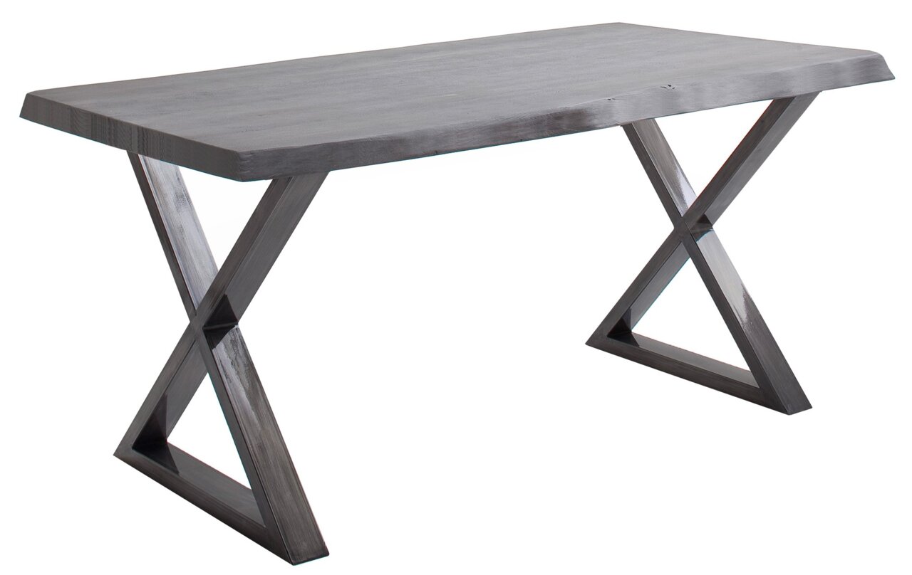 Moderner Esstisch mit X-förmigen Metallbeinen, seitliche Perspektive