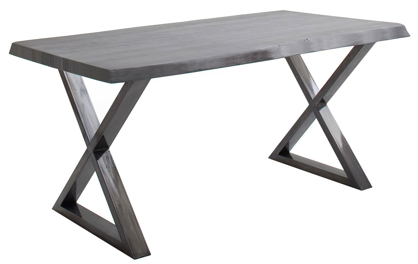 Moderner Esstisch mit X-förmigen Metallbeinen, seitliche Perspektive