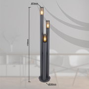 Moderne Außenleuchte mit drei zylindrischen Lichtquellen, Höhe 1700mm, Durchmesser 76mm und 280mm, seitliche Perspektive.