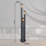 Moderne Außenleuchte mit drei zylindrischen Lichtquellen, Höhe 1700mm, Durchmesser 76mm und 280mm, seitliche Perspektive.