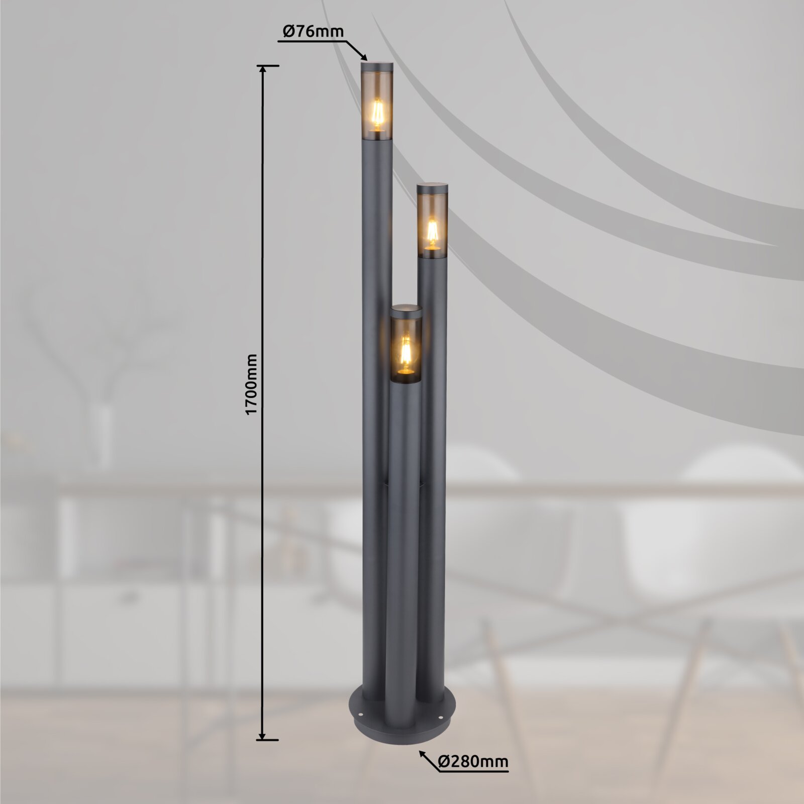 Moderne Außenleuchte mit drei zylindrischen Lichtquellen, Höhe 1700mm, Durchmesser 76mm und 280mm, seitliche Perspektive.