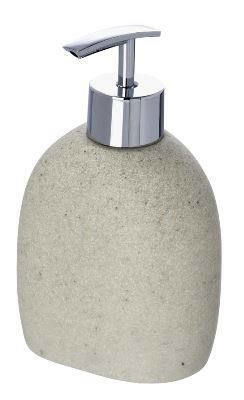 Moderner Seifenspender Puro aus Steinoptik mit glänzendem Chrom-Pumpkopf, seitliche Perspektive