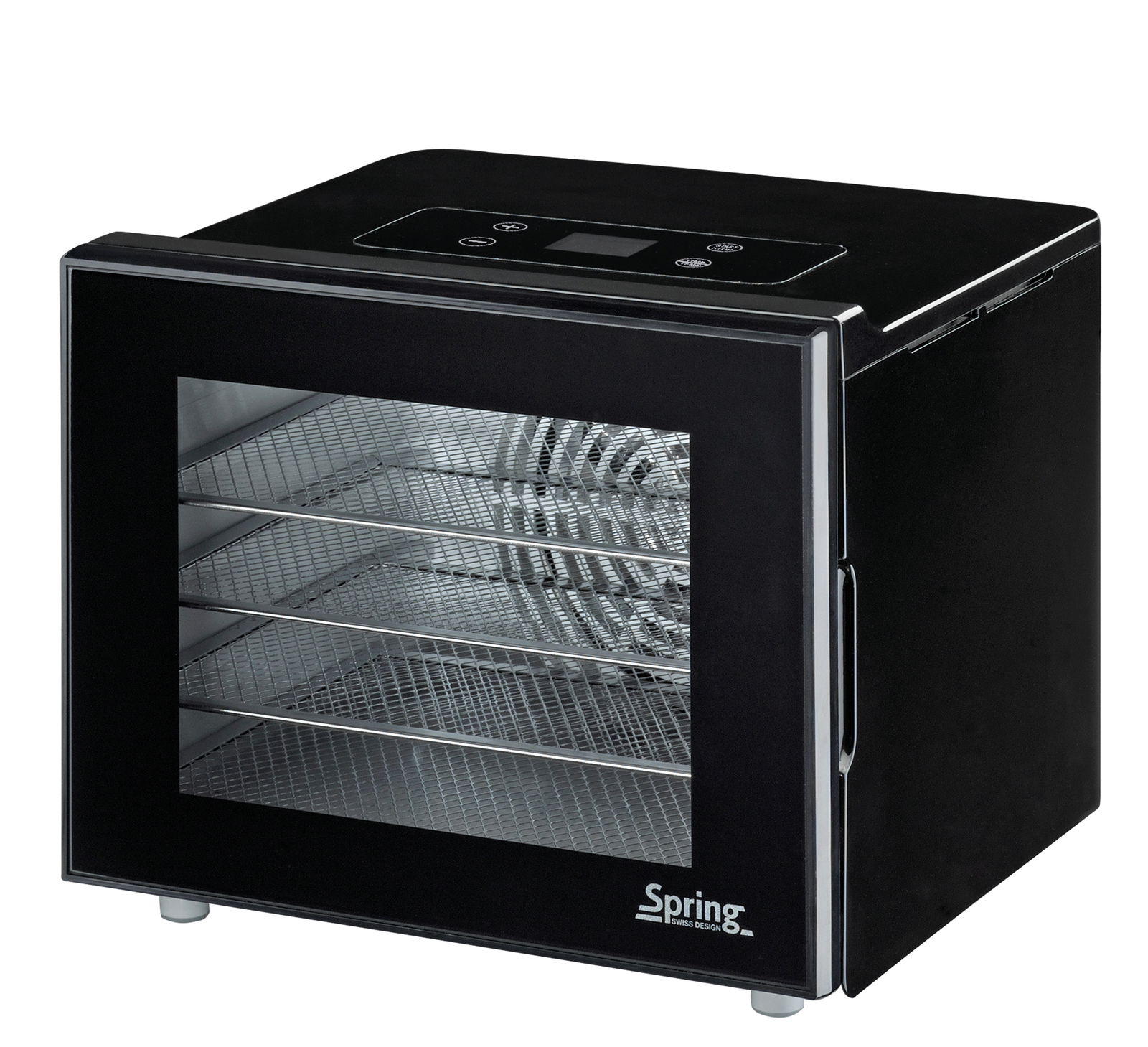 Schwarzer Dörrautomat mit Glastür und mehreren Einschüben, seitliche Perspektive