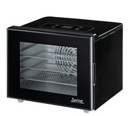 Schwarzer Dörrautomat mit Glastür und mehreren Einschüben, seitliche Perspektive