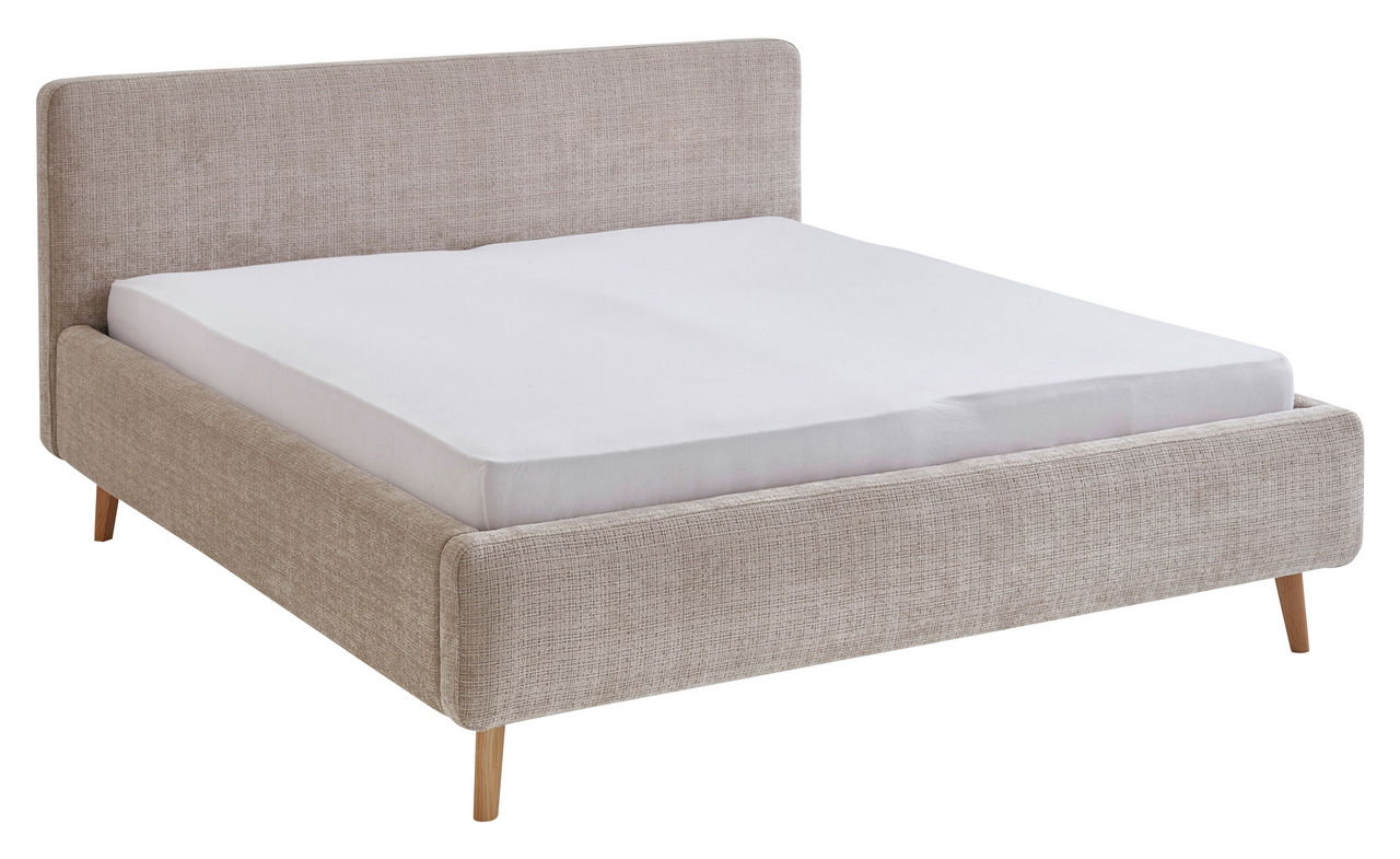 Beige Polsterbettgestell mit schlichtem Design, seitliche Perspektive