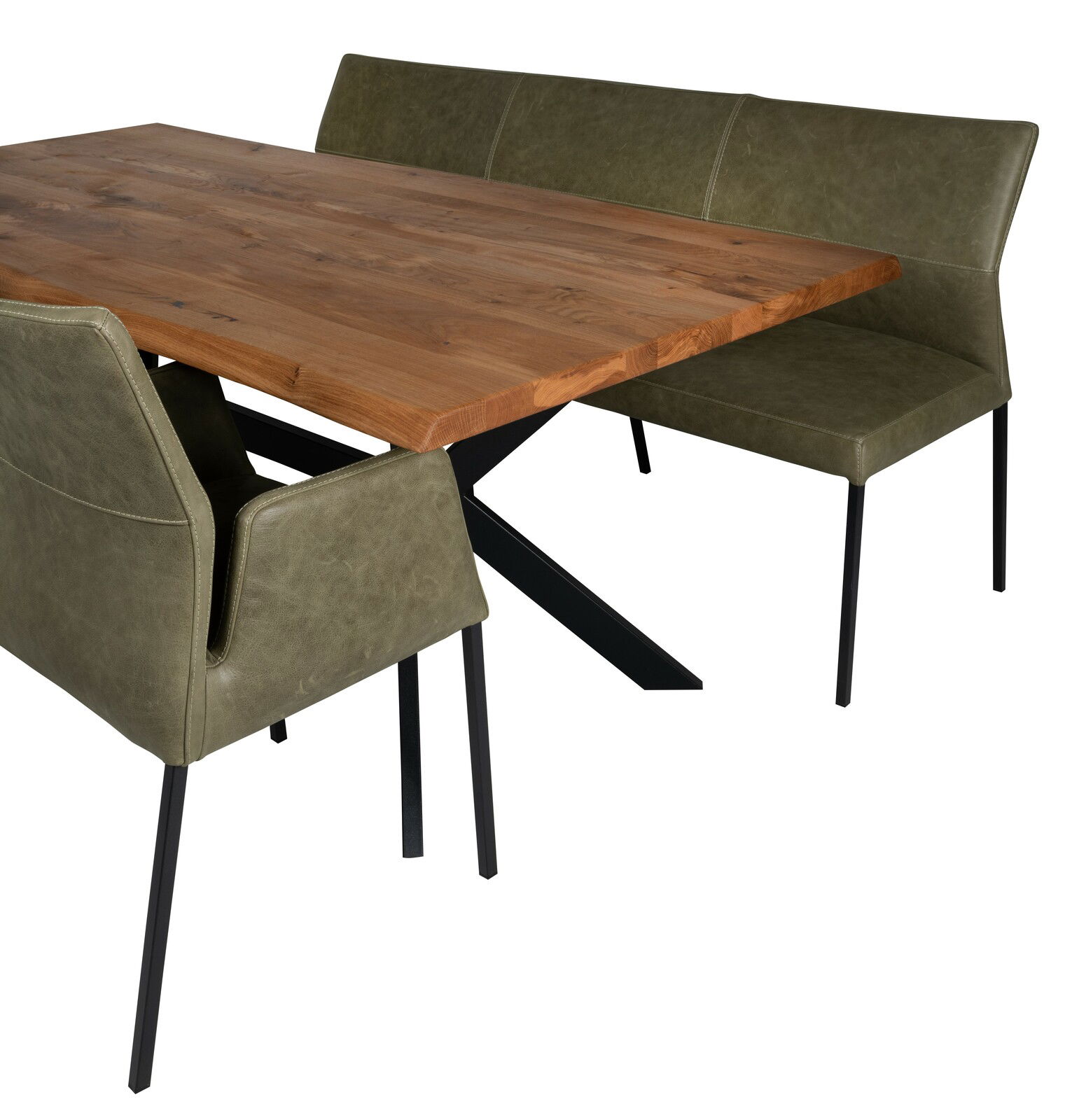 Essgruppe mit Holztisch und grünen Lederstühlen, seitliche Perspektive