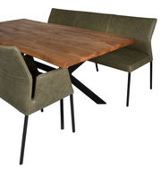 Essgruppe mit Holztisch und grünen Lederstühlen, seitliche Perspektive