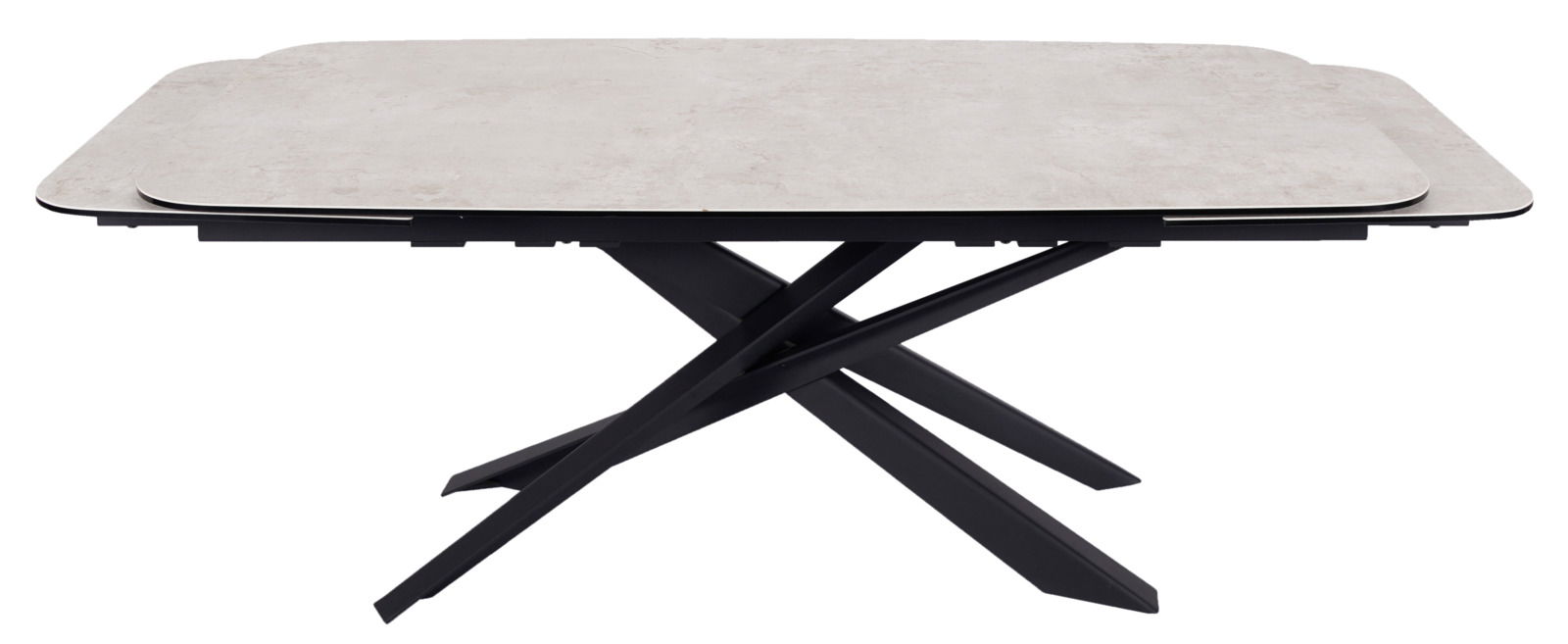 Moderner Esstisch mit heller Tischplatte und schwarzem, gekreuztem Metallgestell, seitliche Perspektive