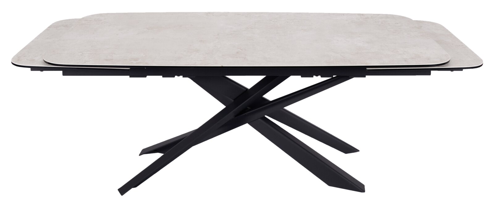 Moderner Esstisch mit heller Tischplatte und schwarzem, gekreuztem Metallgestell, seitliche Perspektive