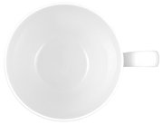 Weiße Kaffeetasse aus der Vogelperspektive mit einem Henkel auf der rechten Seite