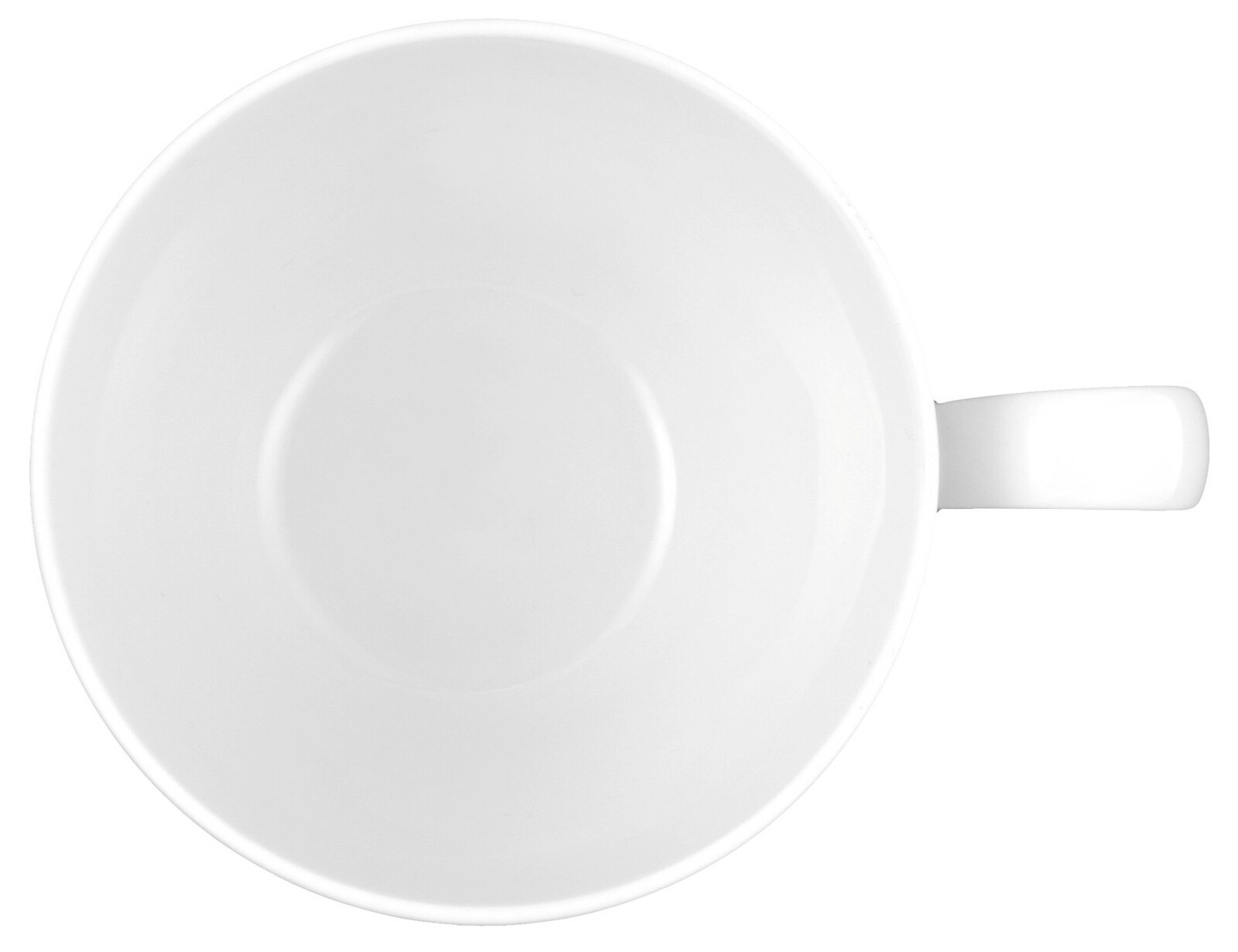 Weiße Kaffeetasse aus der Vogelperspektive mit einem Henkel auf der rechten Seite