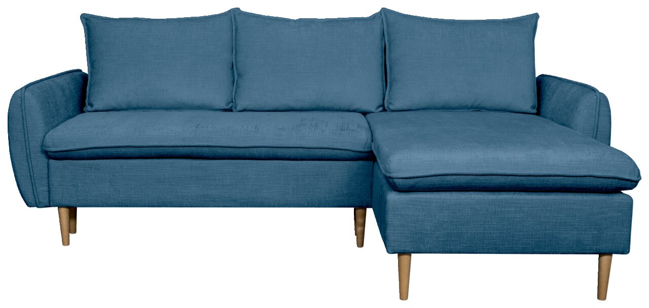 Blaue Rundecke mit Holzfüßen, Frontalansicht