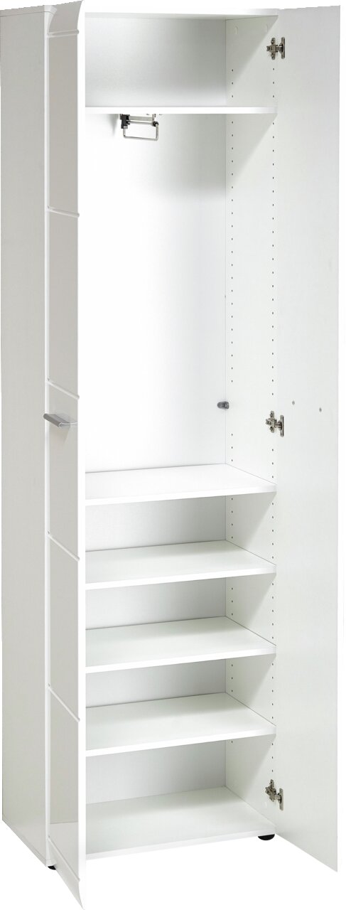 Weißer Garderobenschrank mit offener Tür, zeigt mehrere Regalböden und eine Kleiderstange, Perspektive von vorne.