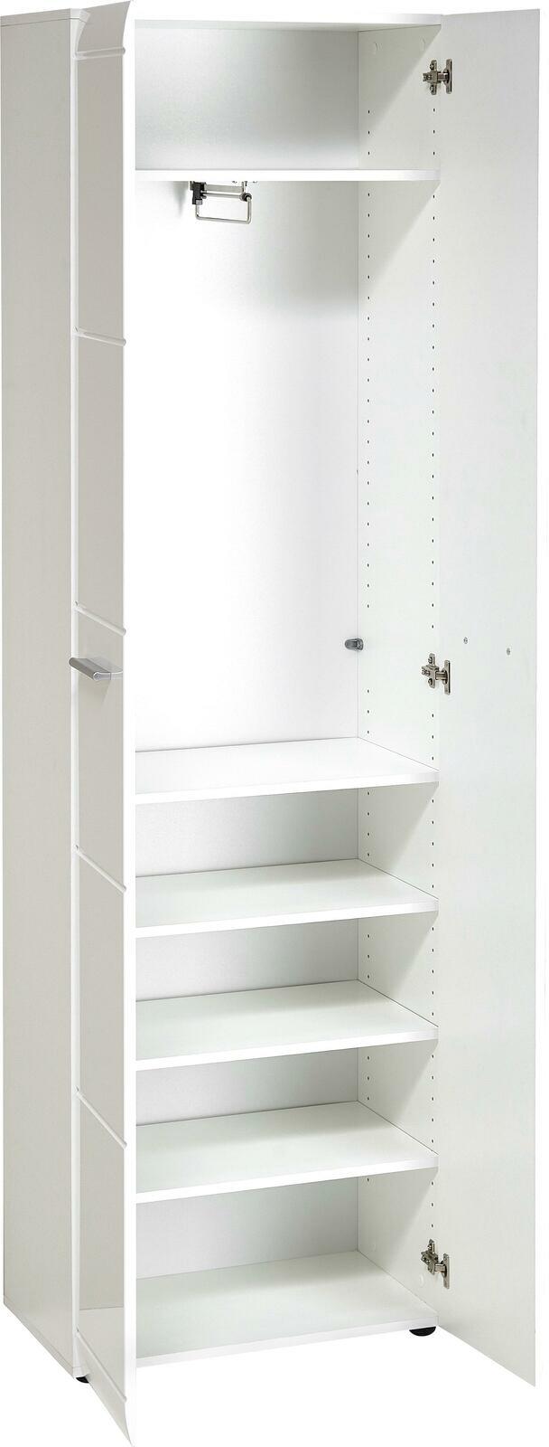 Weißer Garderobenschrank mit offener Tür, zeigt mehrere Regalböden und eine Kleiderstange, Perspektive von vorne.