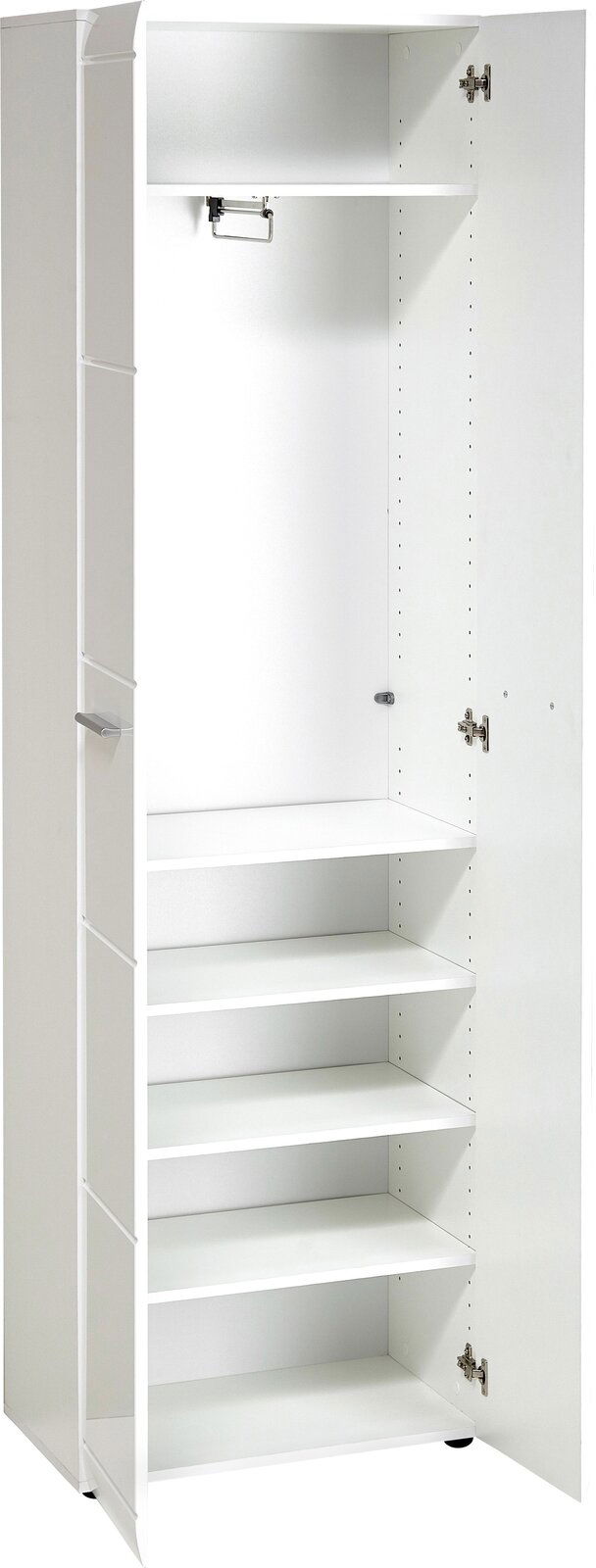Weißer Garderobenschrank mit offener Tür, zeigt mehrere Regalböden und eine Kleiderstange, Perspektive von vorne.