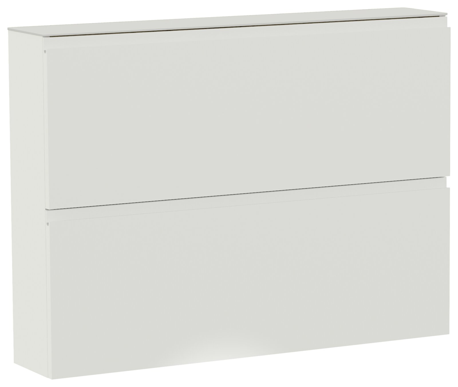 Weiße, minimalistische Garderobe mit zwei Klappen, seitliche Perspektive