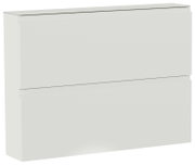 Weiße, minimalistische Garderobe mit zwei Klappen, seitliche Perspektive