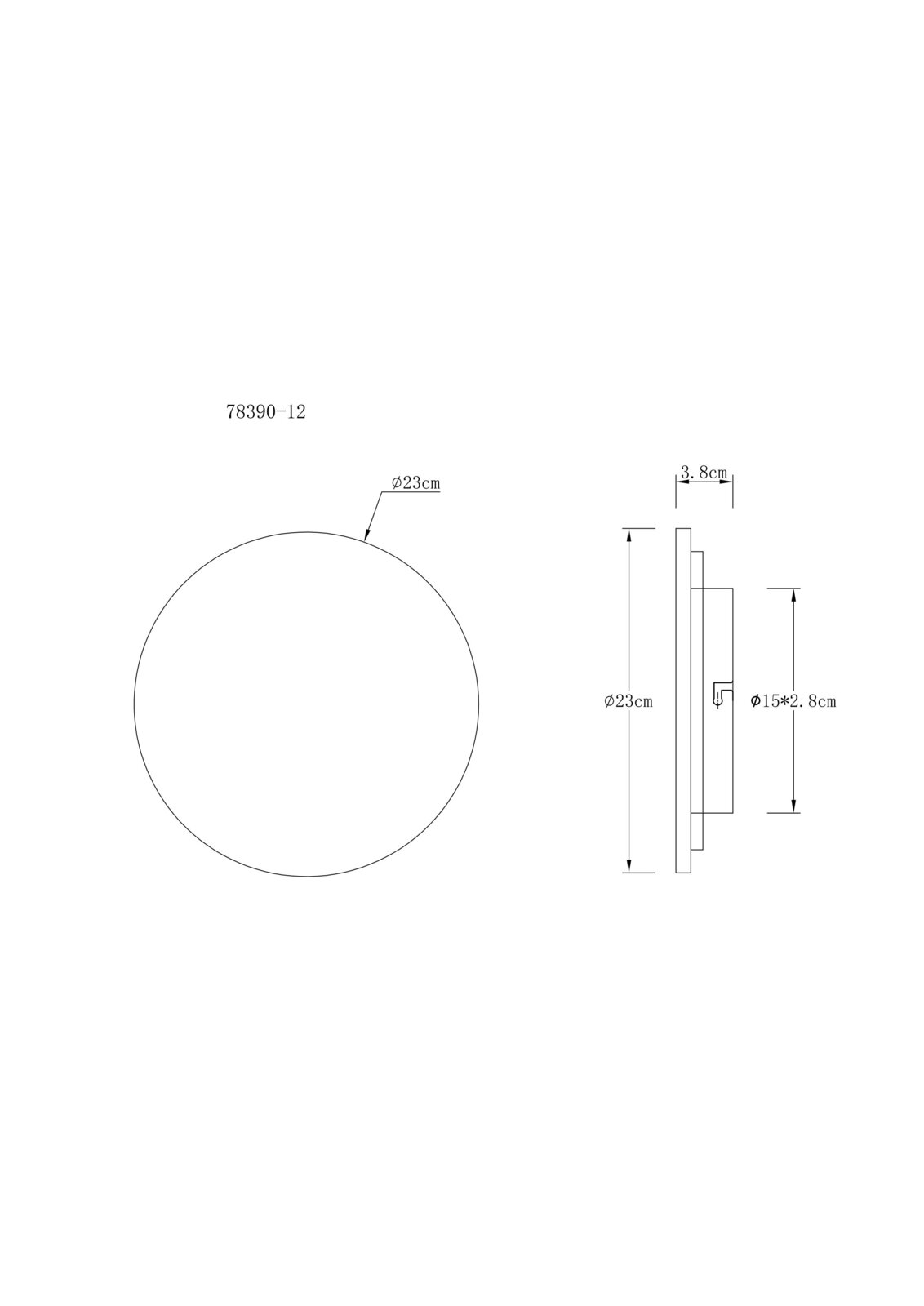 Technische Zeichnung eines runden Wandelements mit Ø 23 cm und 3,8 cm Tiefe, inklusive Seitenansicht und Maßangaben, Ansicht von vorne und von der Seite.