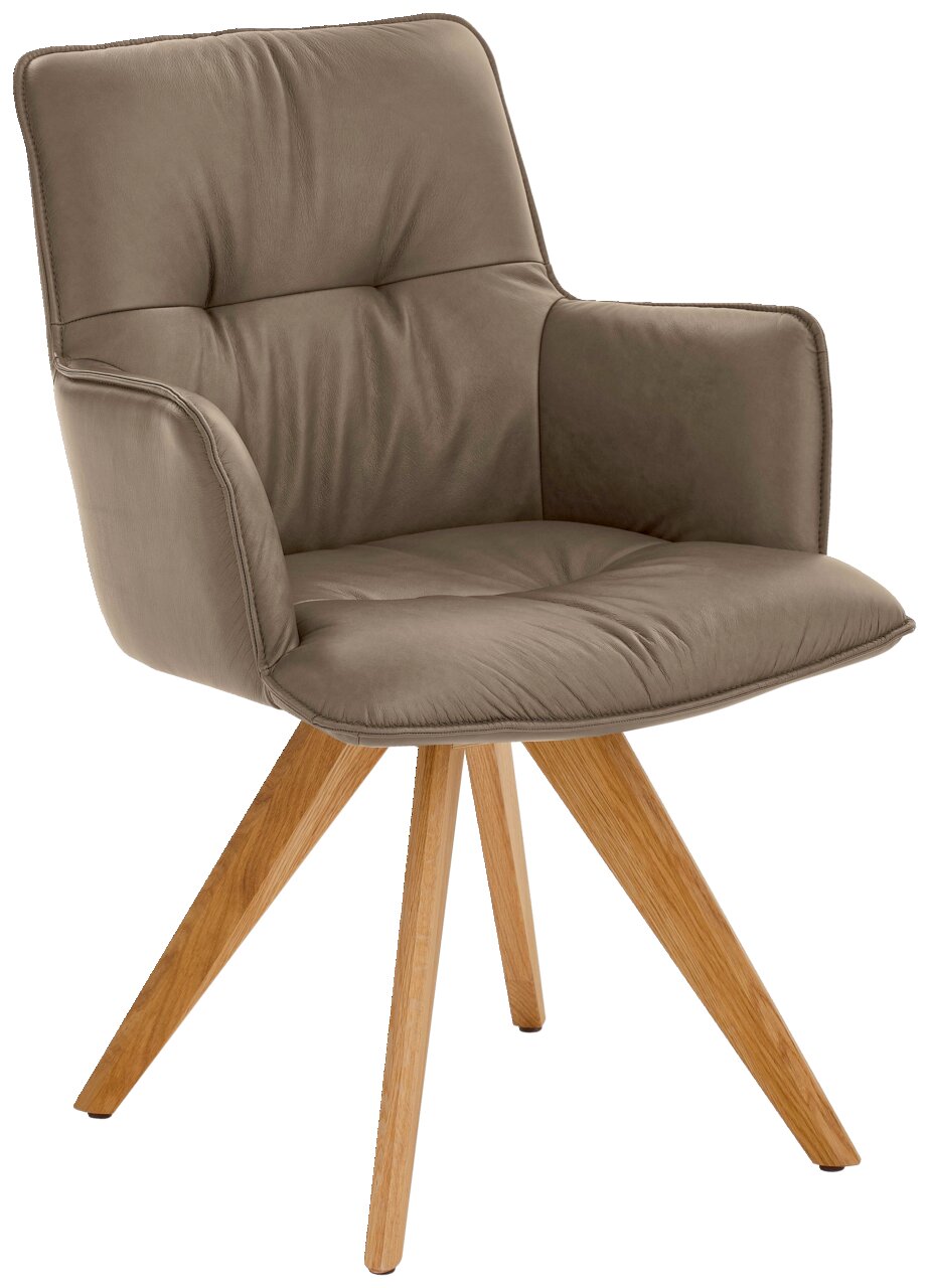 Design-Schalensessel mit gepolstertem Sitz und Rückenlehne in Lederoptik, auf Holzbeinen, seitliche Perspektive