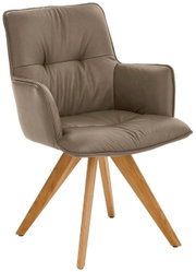 Design-Schalensessel mit gepolstertem Sitz und Rückenlehne in Lederoptik, auf Holzbeinen, seitliche Perspektive