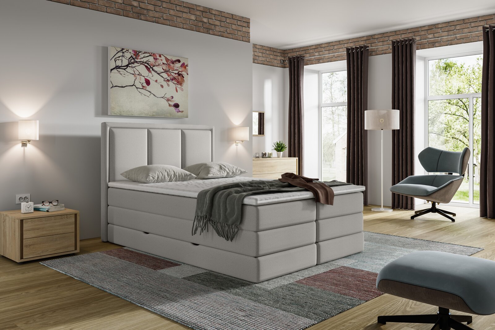 Lichtgrijs gestoffeerd boxspringbed met hoog, verticaal gecapitonneerd hoofdbord, schuin van voren gezien in een moderne slaapkamer.