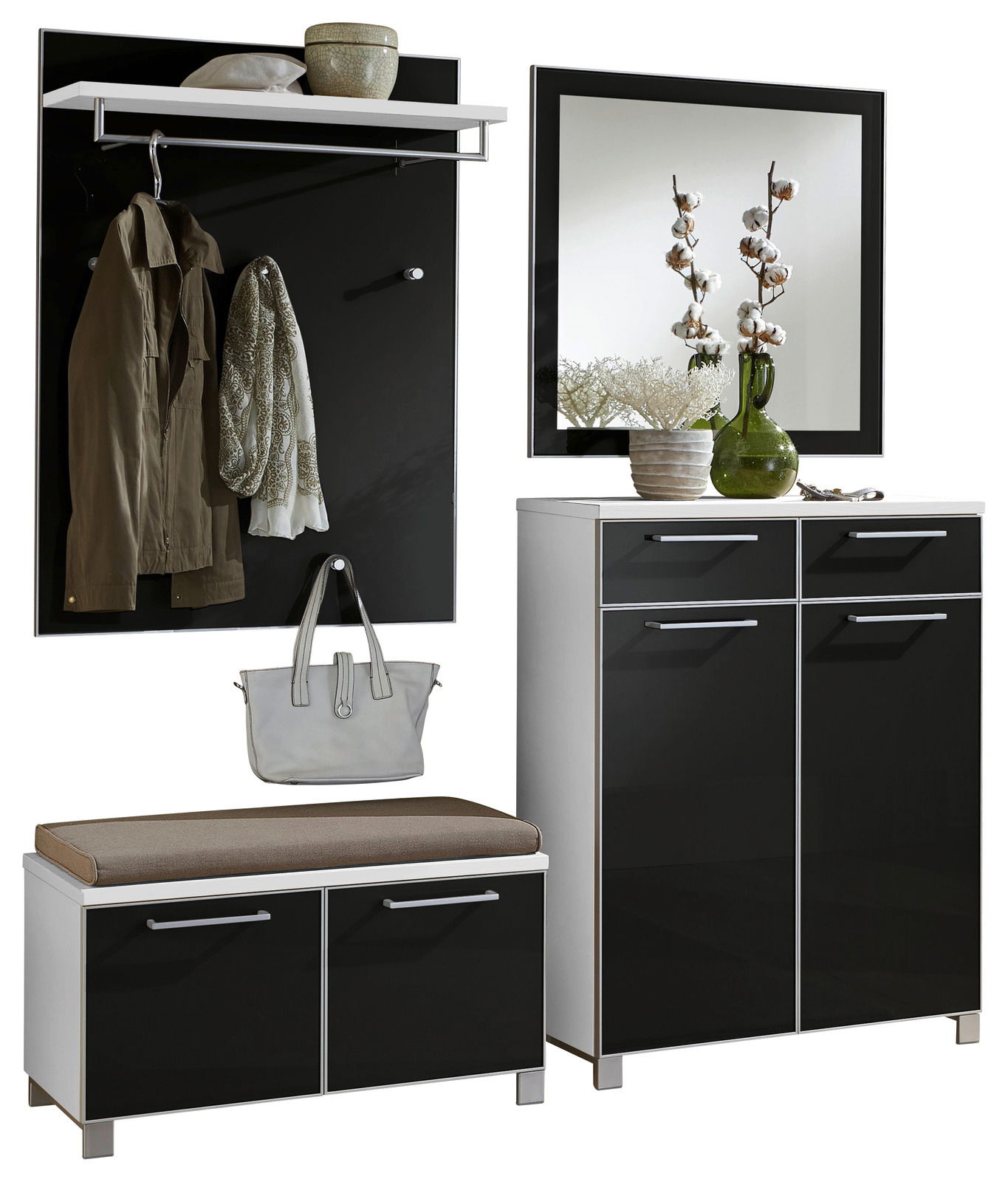 VOSS Garderoben-Set 5-tlg. SANTINA Modernes Garderoben-Set in Schwarz und Weiß, bestehend aus Wandpaneel mit Haken und Ablage, Sitzbank mit Stauraum und einem Schrank mit Spiegel, frontal abgebildet.