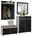 VOSS Garderoben-Set 5-tlg. SANTINA Modernes Garderoben-Set in Schwarz und Weiß, bestehend aus Wandpaneel mit Haken und Ablage, Sitzbank mit Stauraum und einem Schrank mit Spiegel, frontal abgebildet.