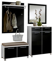 Modernes Garderoben-Set in Schwarz und Weiß, bestehend aus Wandpaneel mit Haken und Ablage, Sitzbank mit Stauraum und einem Schrank mit Spiegel, frontal abgebildet.