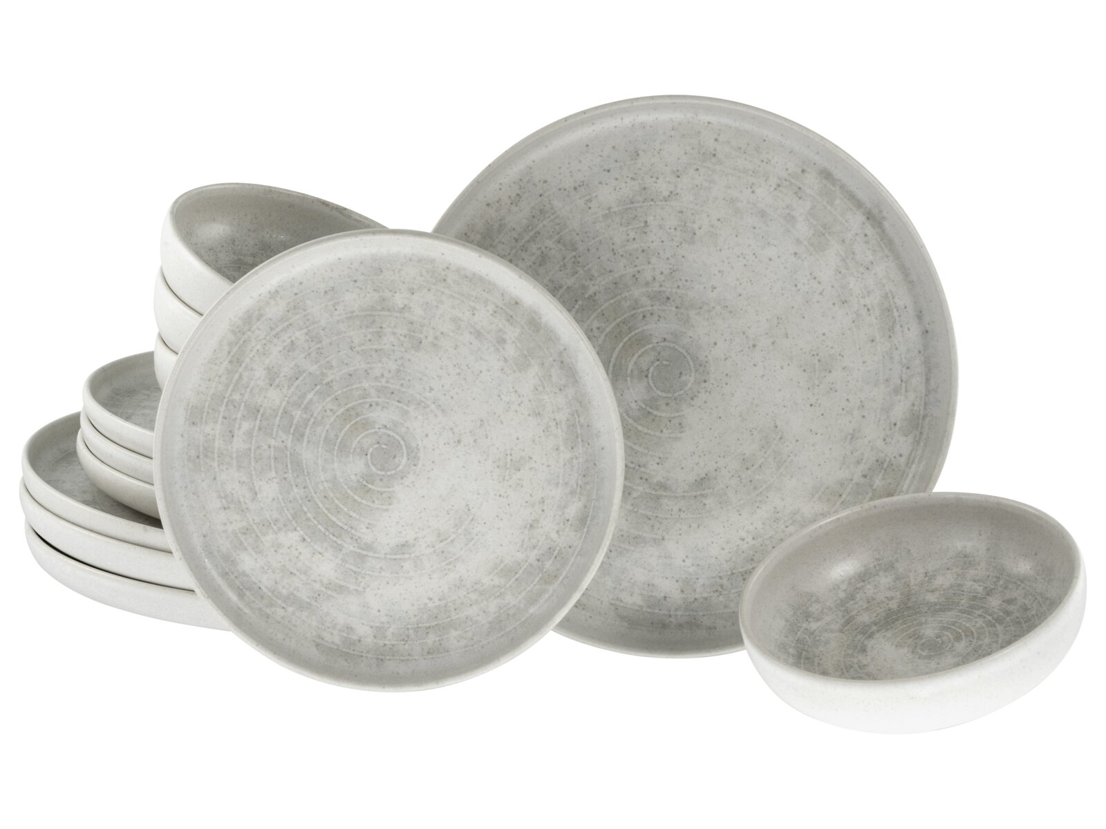 Graues, gesprenkeltes Keramik-Geschirrset mit Tellern und Schalen im modernen, minimalistischen Design, schräg von vorne auf weißem Hintergrund fotografiert