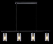 Moderne Hängeleuchte mit vier zylindrischen Glaskörpern, frontal betrachtet.