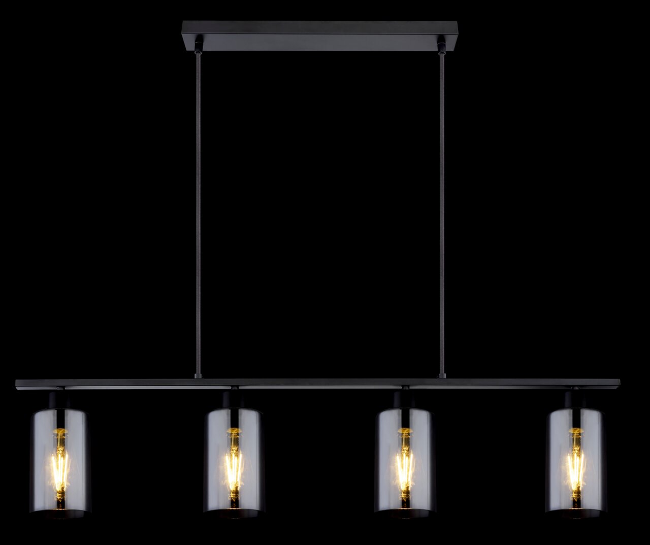 Moderne Hängeleuchte mit vier zylindrischen Glaskörpern, frontal betrachtet.