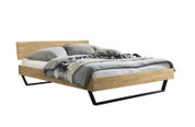 Modern houten bedframe met zwart metalen frame, zijaanzicht