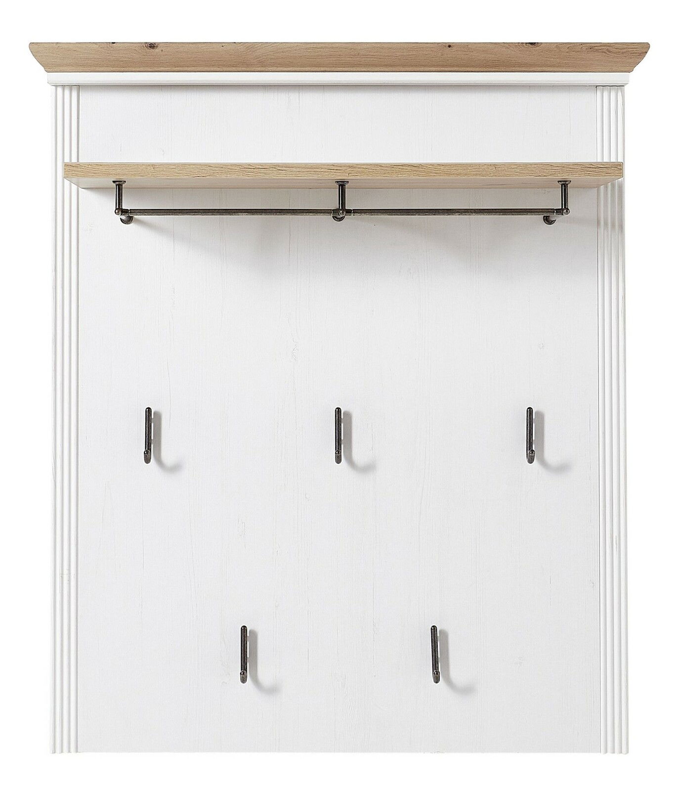 Frontale Ansicht eines Garderoben-Sets mit sechs Haken und einem Regalbrett in Holzoptik.