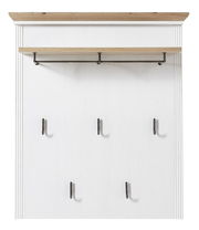 Frontale Ansicht eines Garderoben-Sets mit sechs Haken und einem Regalbrett in Holzoptik.