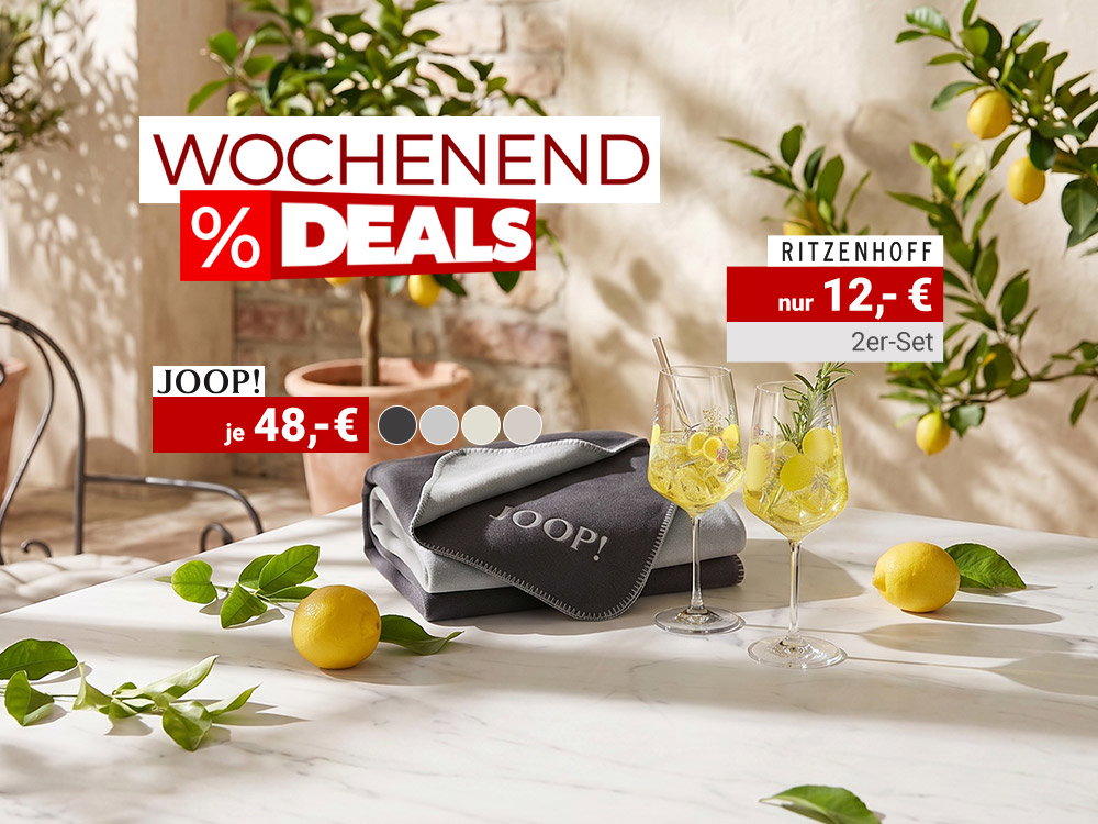 Wochenend-Deals mit Joop!-Decke und Ritzenhoff-Gläsern auf sonnigem Tisch mit Zitronen