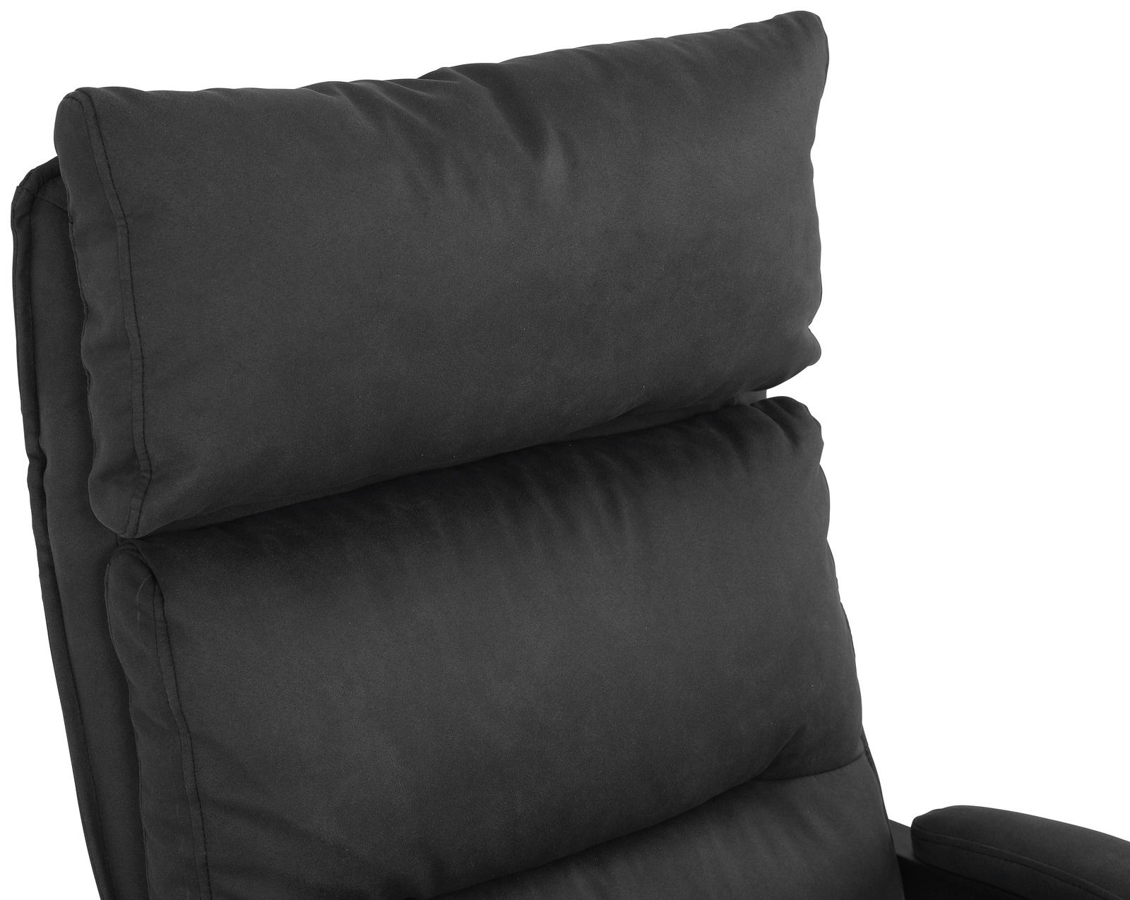 Nahaufnahme eines schwarzen Chefsessels mit gepolsterter Rückenlehne und Kopfstütze, seitliche Perspektive