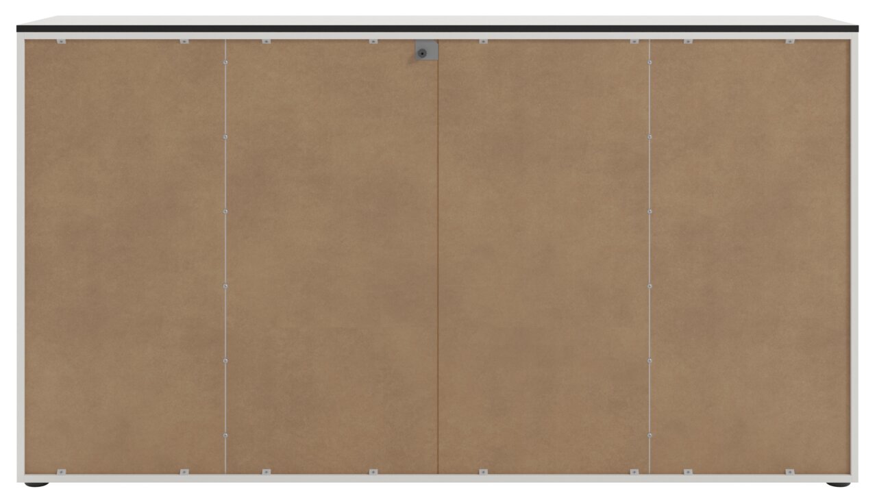 Vooraanzicht van een XL-dressoir met een bruine afwerking en een zwarte bovenrand.