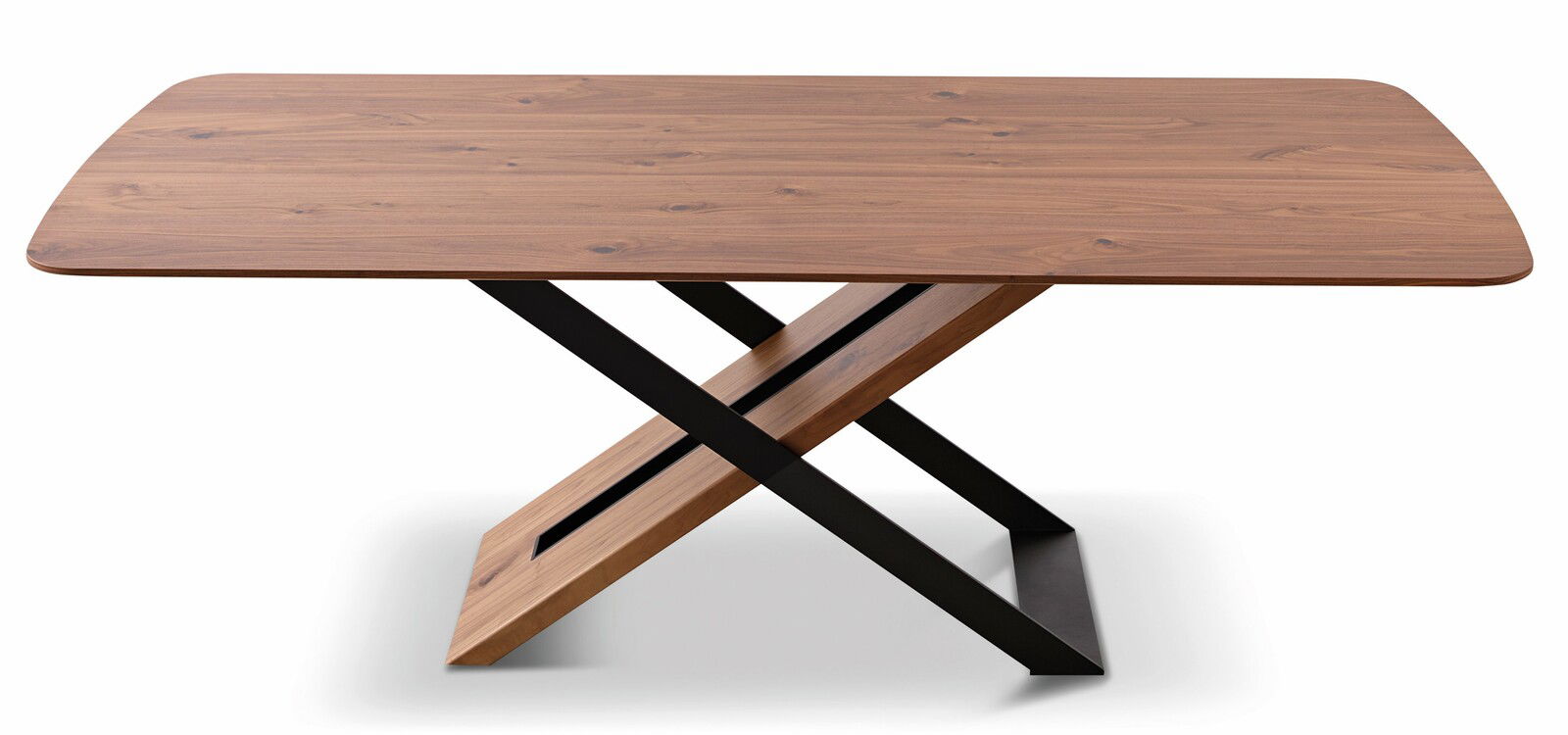 Moderner Esstisch mit Holzplatte und schwarzem Metallgestell in X-Form, seitliche Perspektive