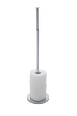 Edelstahl Stand Toilettenpapierhalter mit einer Rolle Toilettenpapier, frontal fotografiert