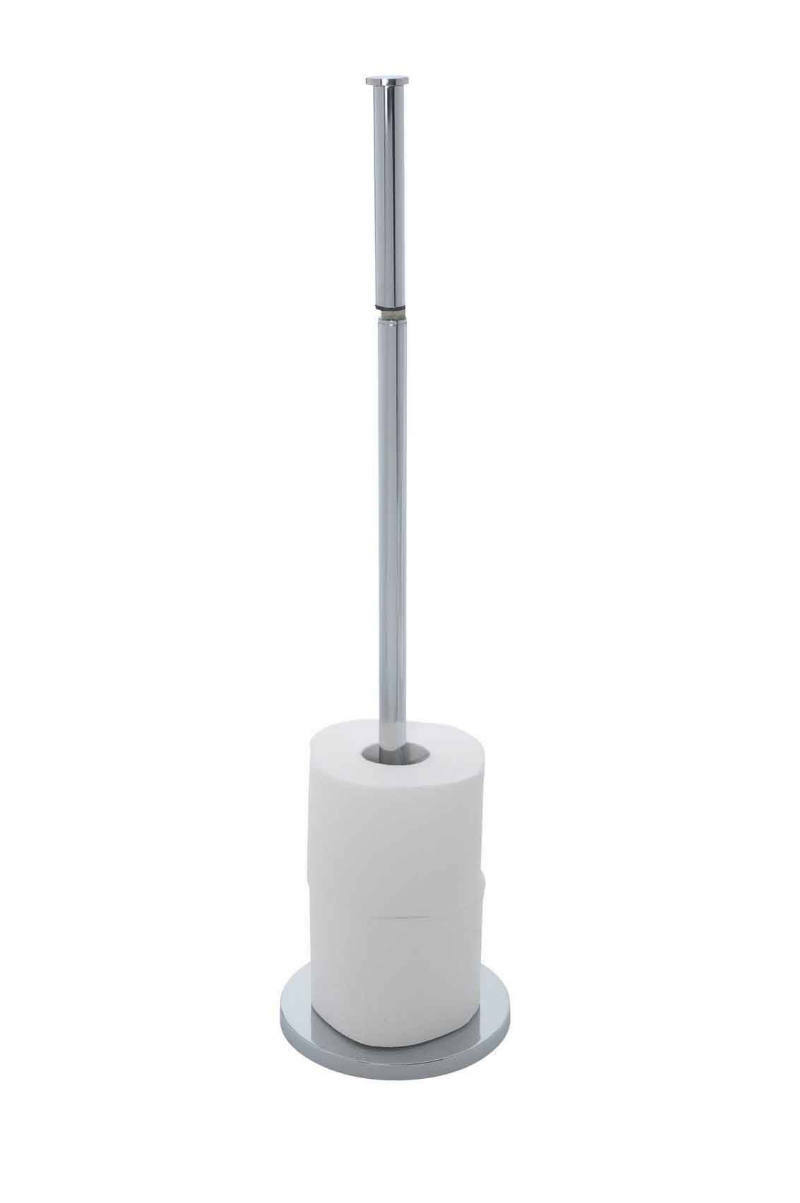 Edelstahl Stand Toilettenpapierhalter mit einer Rolle Toilettenpapier, frontal fotografiert