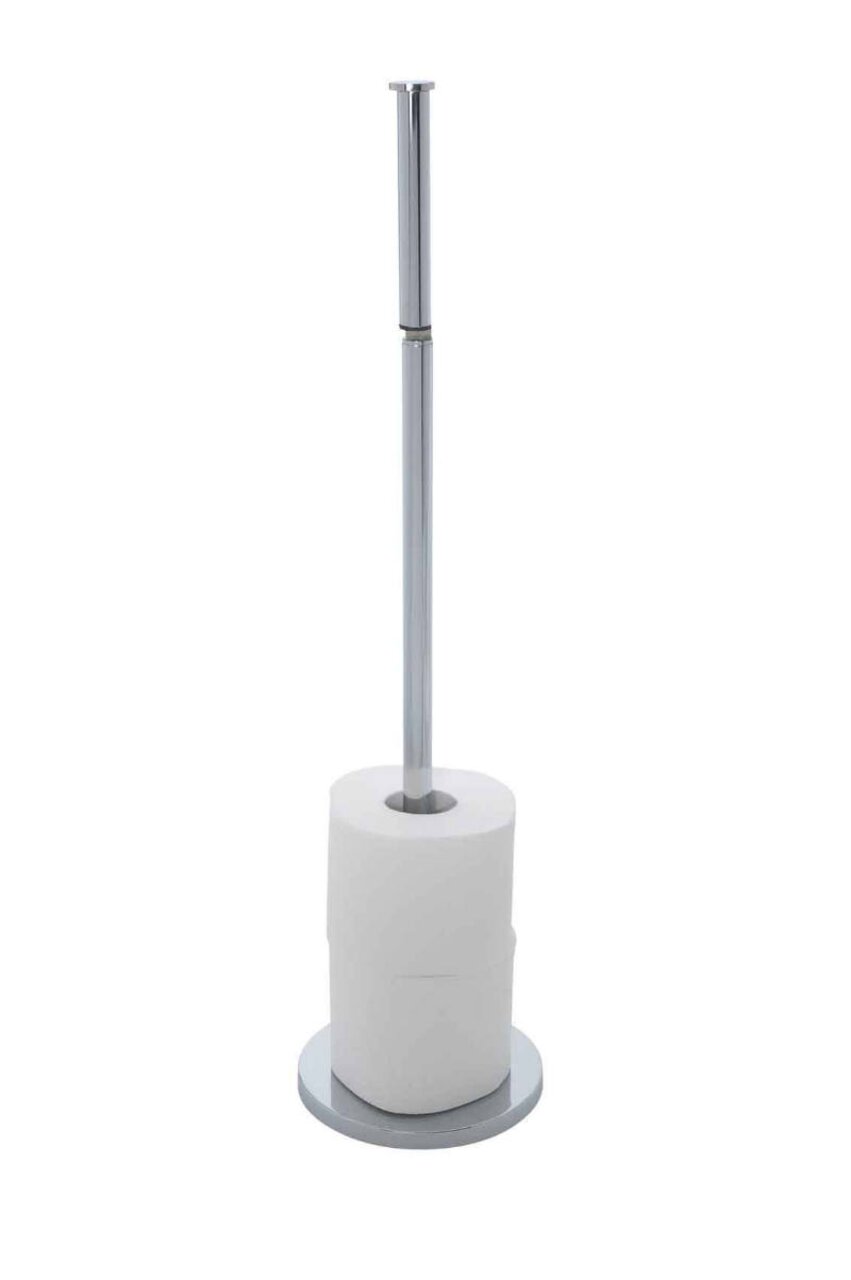 Edelstahl Stand Toilettenpapierhalter mit einer Rolle Toilettenpapier, frontal fotografiert