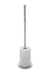 Edelstahl Stand Toilettenpapierhalter mit einer Rolle Toilettenpapier, frontal fotografiert