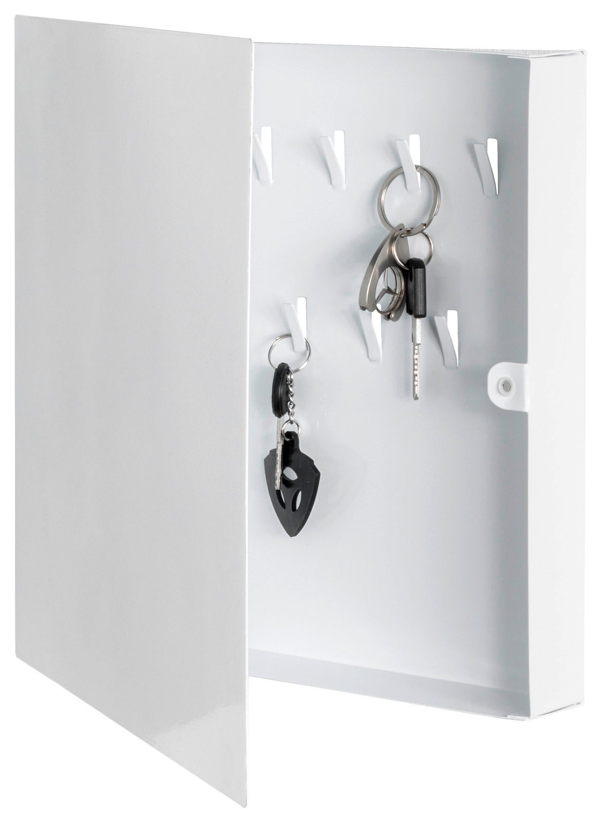 Weißer Schlüsselkasten mit geöffneter Tür, zeigt mehrere Haken mit Schlüsseln, seitliche Perspektive.