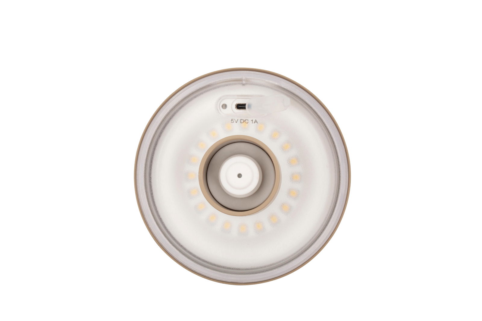 Draufsicht auf die Unterseite einer runden Akku-Tischleuchte mit sichtbarem Ladeanschluss und LED-Lichtern.