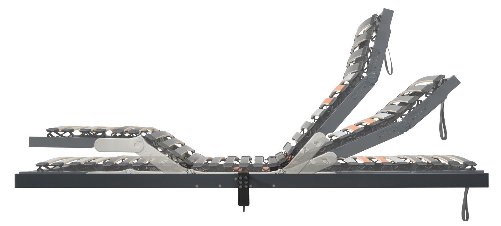 Seitliche Ansicht eines verstellbaren Federholzrahmens mit mehreren Liegepositionen.