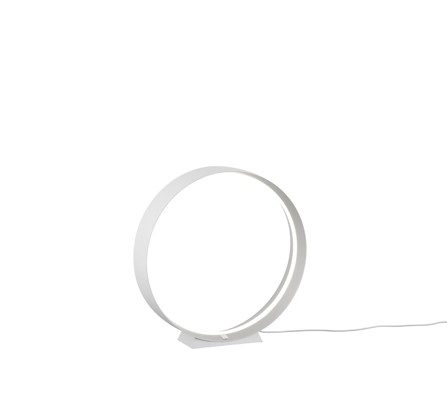 Moderne Tischleuchte LOOP von Musterring in seitlicher Perspektive, mit kreisförmigem Design und weißem Finish.