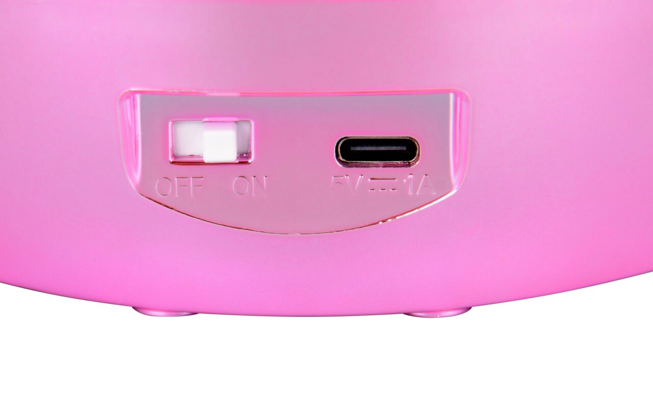 Nahaufnahme eines pinken LED-Tischleuchten-Sockels mit Ein-/Ausschalter und USB-C-Anschluss.