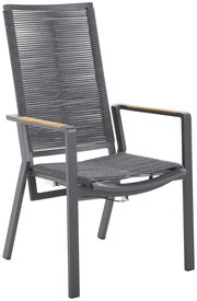 Moderner Relaxsessel mit grauem Metallrahmen und geflochtenem Sitz, seitliche Perspektive